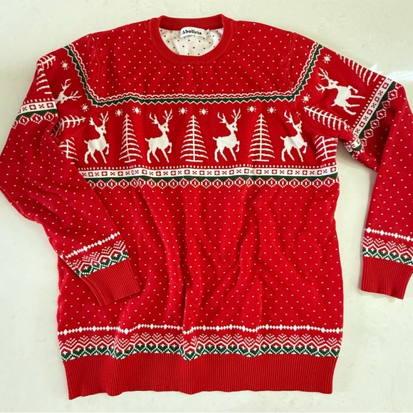 Abollria Ugly‎ Christmas Sweater XL Red Reindeer Snowflakes Pullover Soft Nordic - Picture 1 of 6